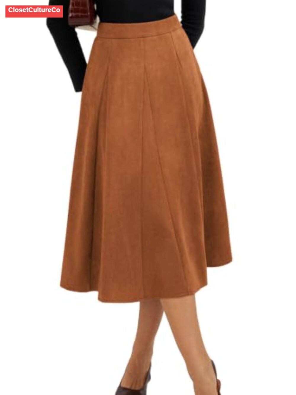 Faux Suede High Waisted A-Line Midi Skirt with Paneled Pleats